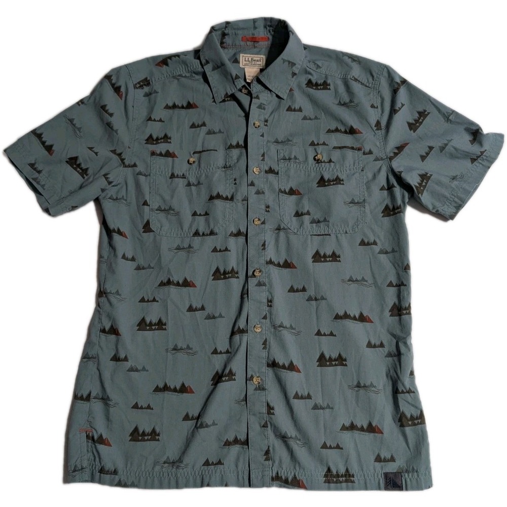 LL Bean Vista Camp Shirt Men's Small S Mountain Print‎ Button Front Short Sleeve